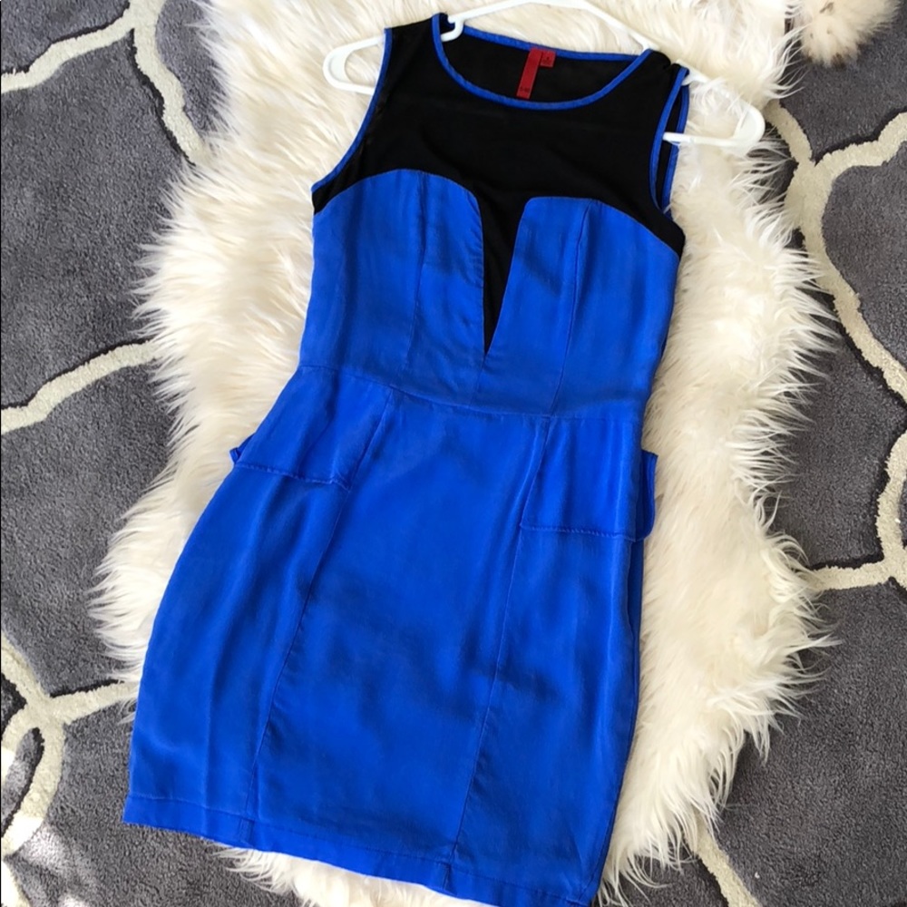 Cobalt blue dress with mesh top deep v